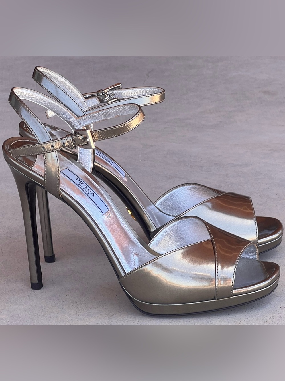 Prada Metallic Leather Platform Sandals Pewter Silver Stiletto Heels 38